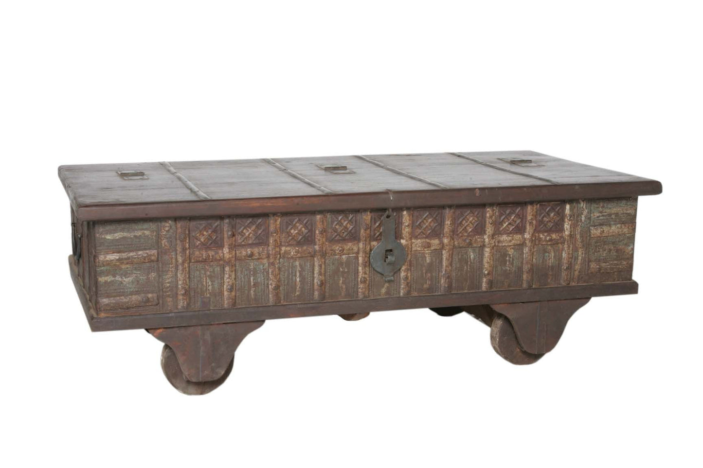 HomeRoots Wheel Antique Coffee Table in Brown Finish