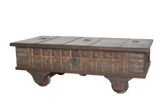 HomeRoots Wheel Antique Coffee Table in Brown Finish