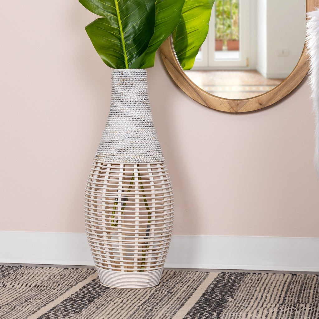 HomeRoots White Bamboo and Rope Floor Vase