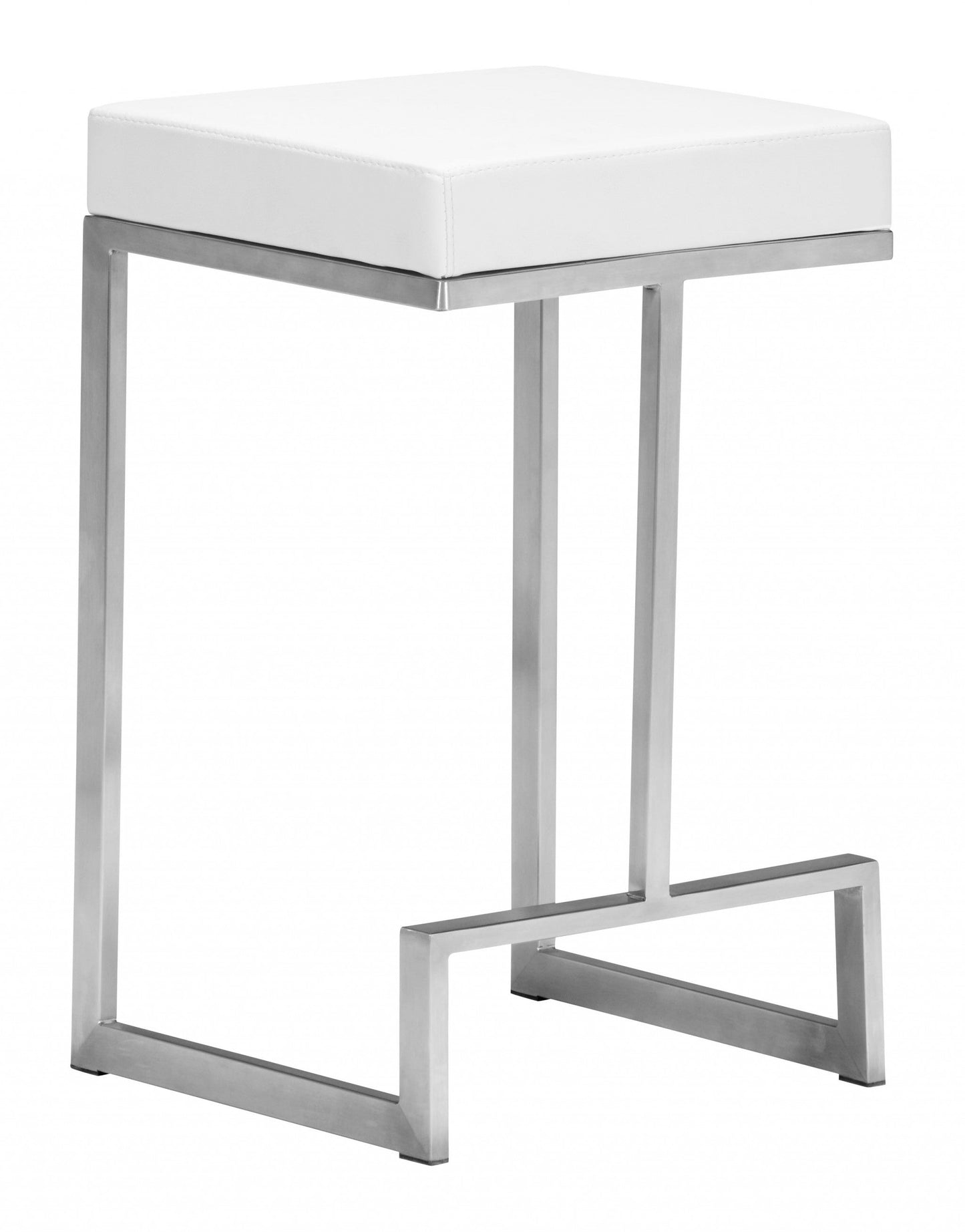 HomeRoots White Faux Leather And Stainless Geometric Backless Counter Stools in Set of 2