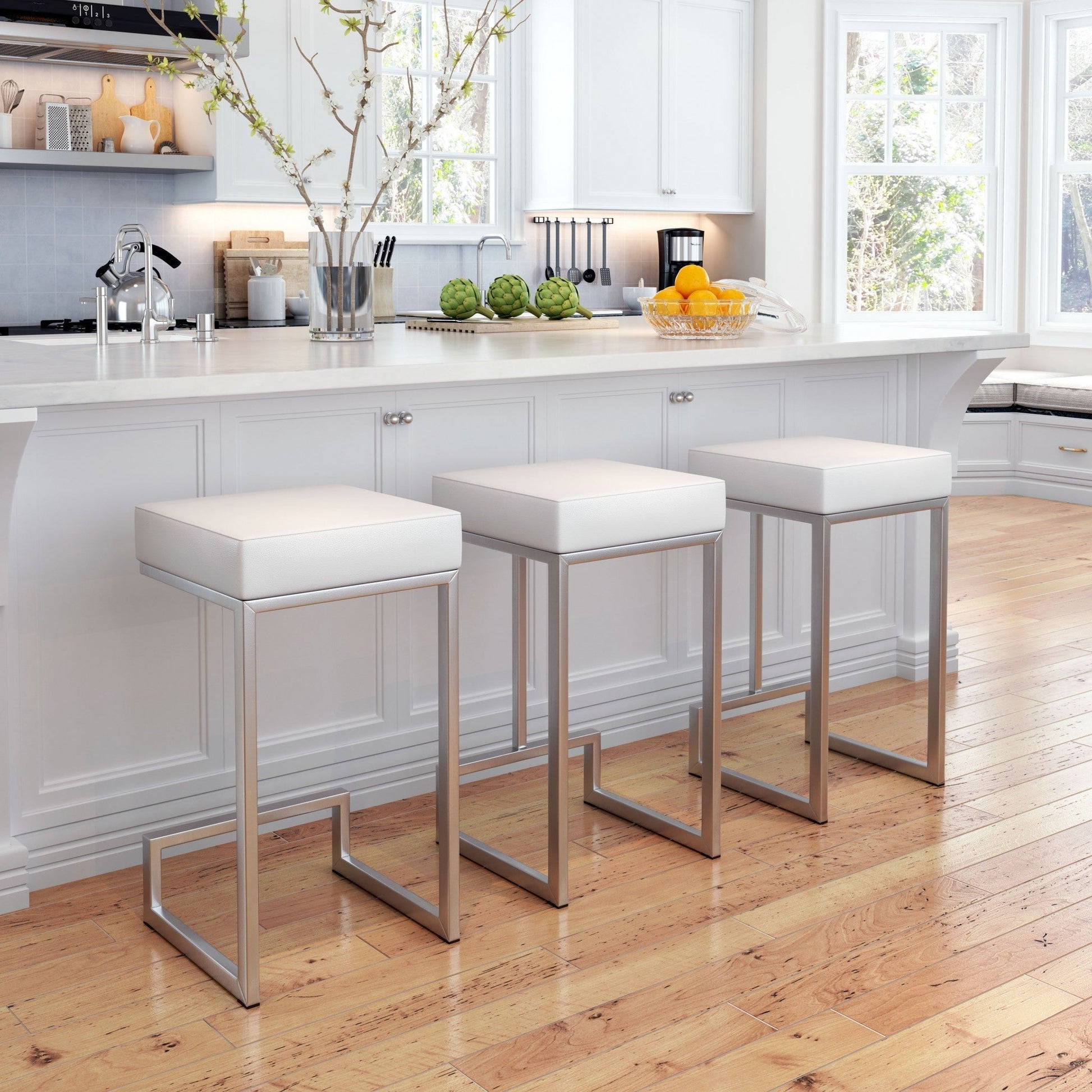 HomeRoots White Faux Leather And Stainless Geometric Backless Counter Stools in Set of 2