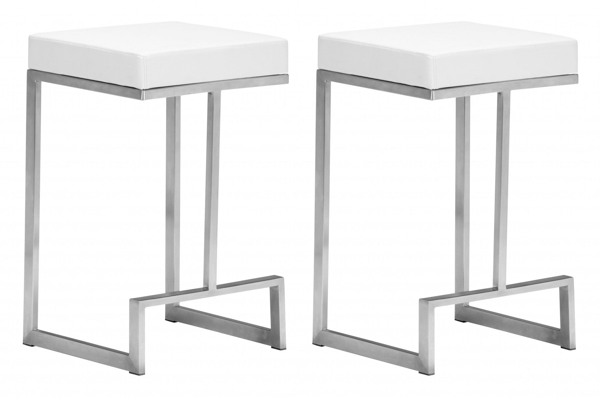 HomeRoots White Faux Leather And Stainless Geometric Backless Counter Stools in Set of 2