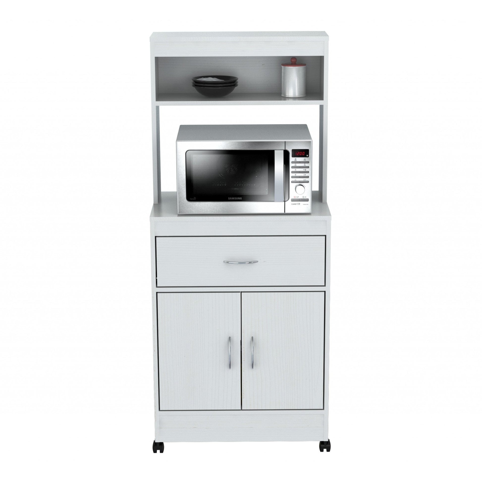 HomeRoots White Finish Wood Microwave Cabinet With Two Doors And Drawer