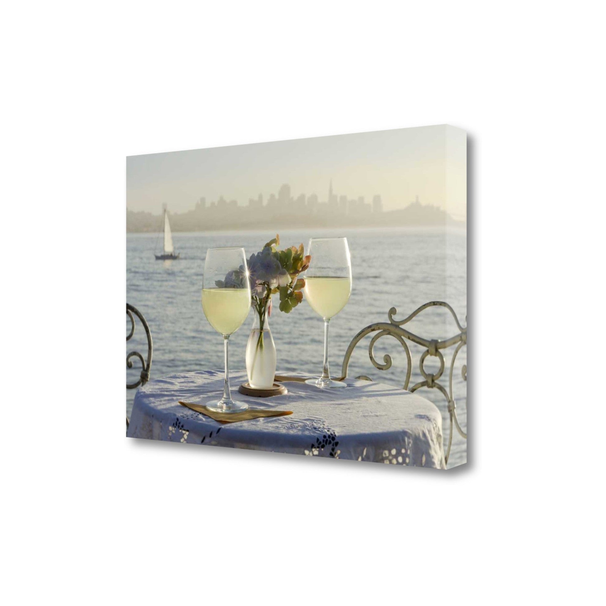 HomeRoots White Wine with Sailboat For Two City 3 Giclee Wrap Canvas Wall Art