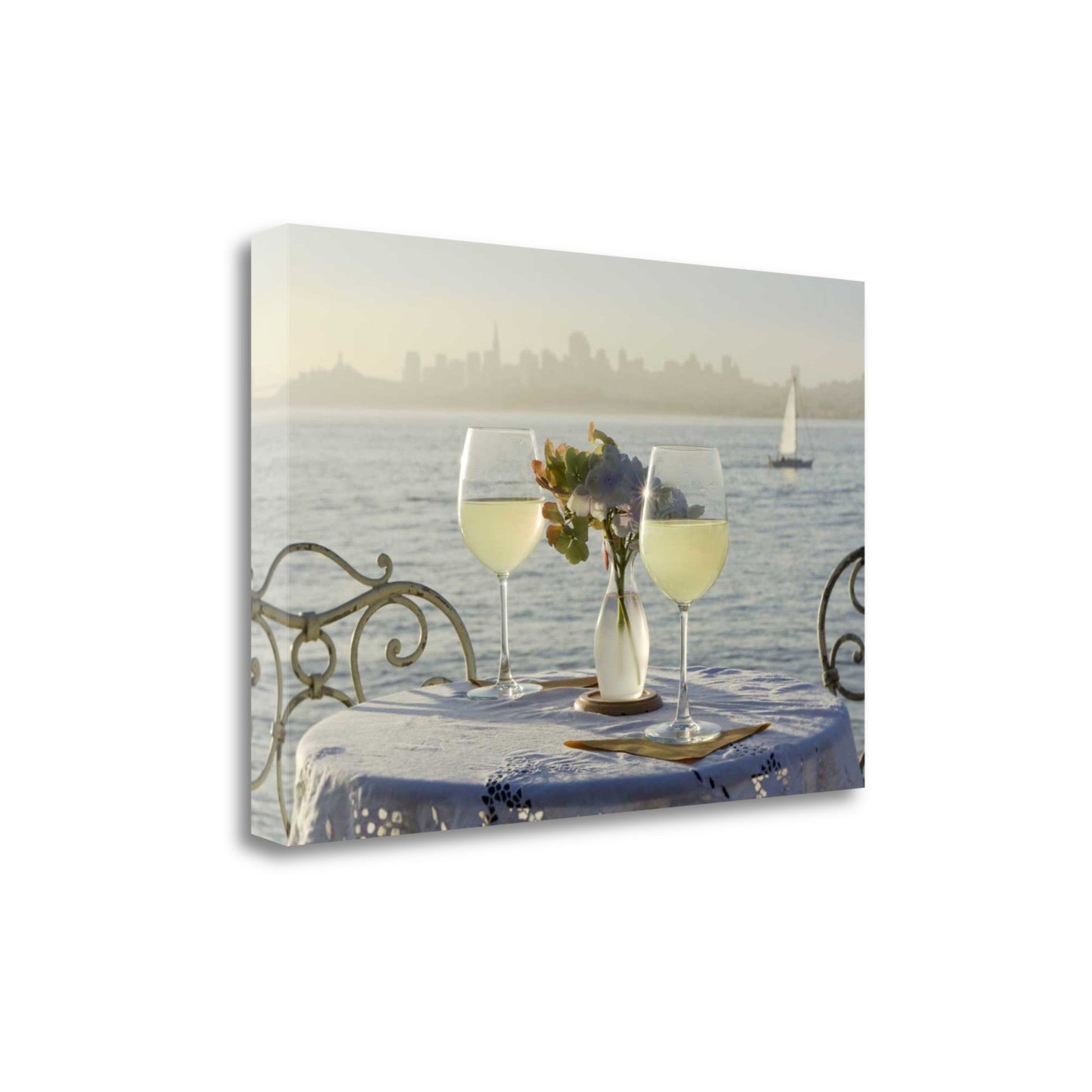HomeRoots White Wine with Sailboat For Two City 3 Giclee Wrap Canvas Wall Art