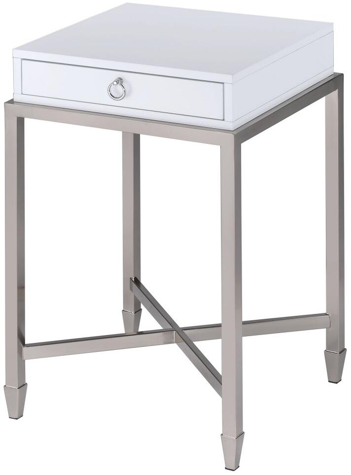 HomeRoots White and Chrome End Table with Ring Pull Drawer