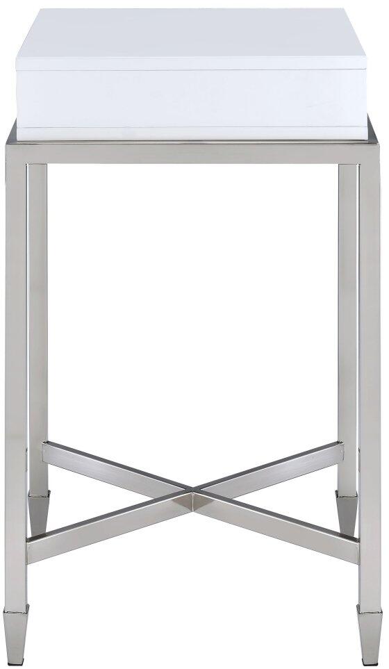 HomeRoots White and Chrome End Table with Ring Pull Drawer