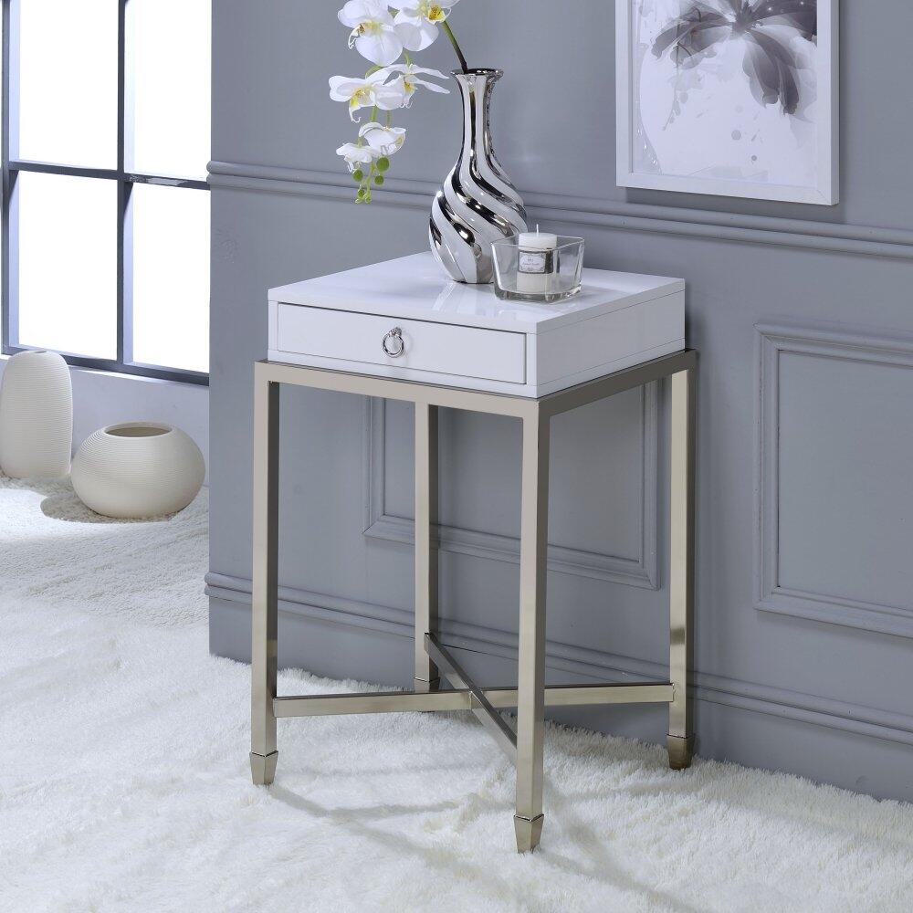 HomeRoots White and Chrome End Table with Ring Pull Drawer