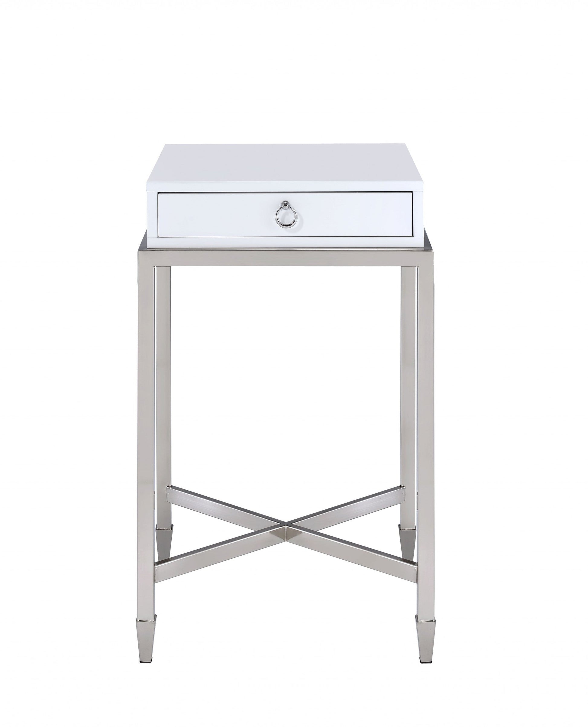 HomeRoots White and Chrome End Table with Ring Pull Drawer