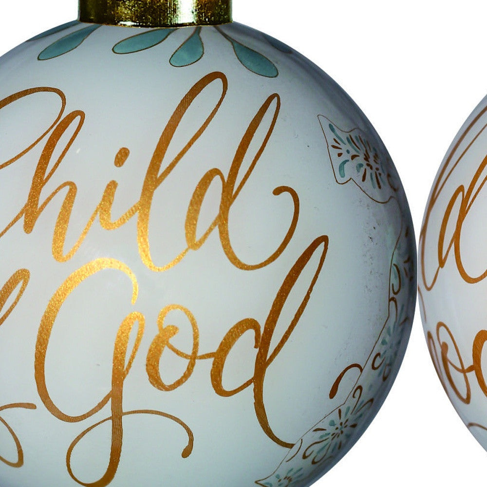 HomeRoots White and Gold Child of God Hand Painted Mouth Blown Glass Ornament