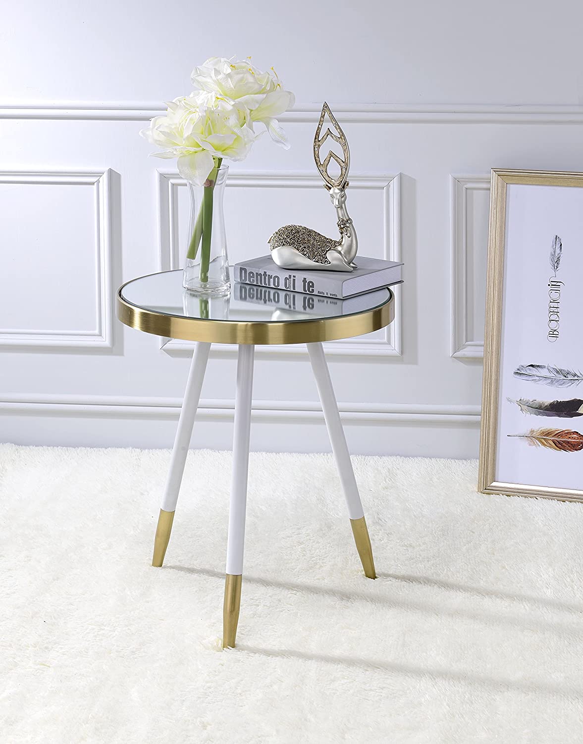 HomeRoots White and Gold Mirror Top Side Table