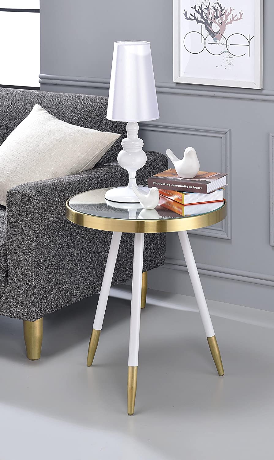 HomeRoots White and Gold Smoky Mirror Top Side Table