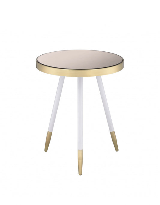 HomeRoots White and Gold Smoky Mirror Top Side Table