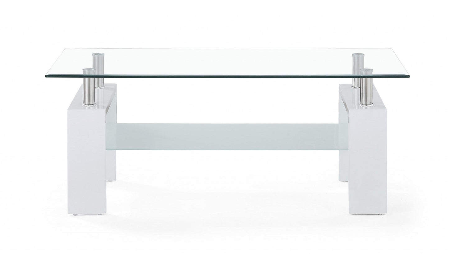 HomeRoots White glossy leg Coffee Table with Rectangular Clear Glass Top