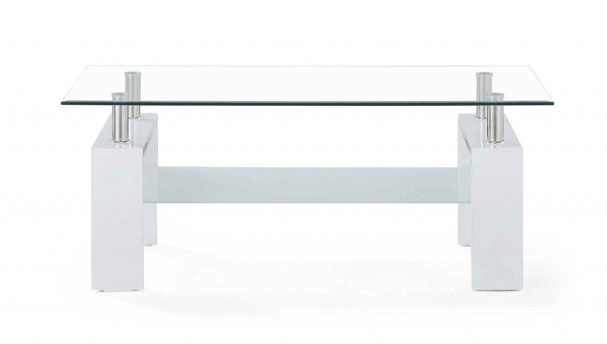 HomeRoots White glossy leg Coffee Table with Rectangular Clear Glass Top