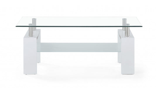 HomeRoots White glossy leg Coffee Table with Rectangular Clear Glass Top