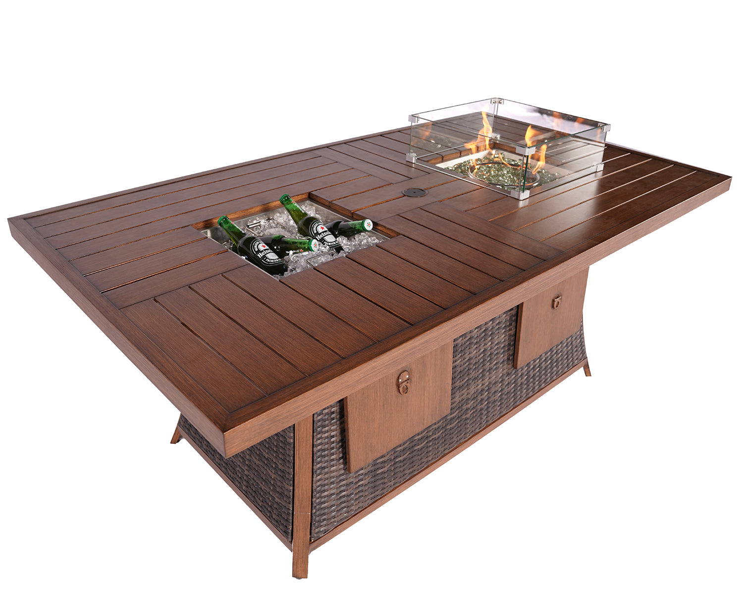 HomeRoots Wicker Outdoor Gas Fire Pit Table With Ice Bucket in Brown Finish