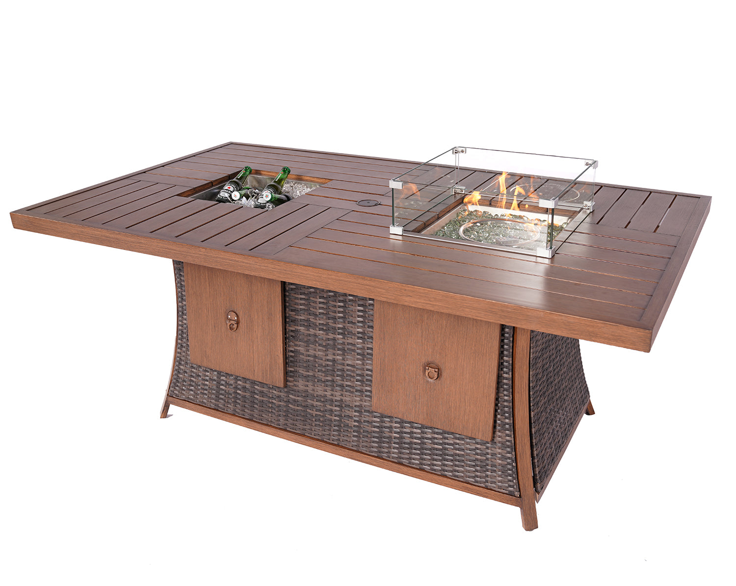 HomeRoots Wicker Outdoor Gas Fire Pit Table With Ice Bucket in Brown Finish