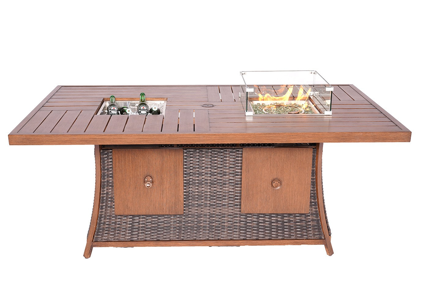 HomeRoots Wicker Outdoor Gas Fire Pit Table With Ice Bucket in Brown Finish