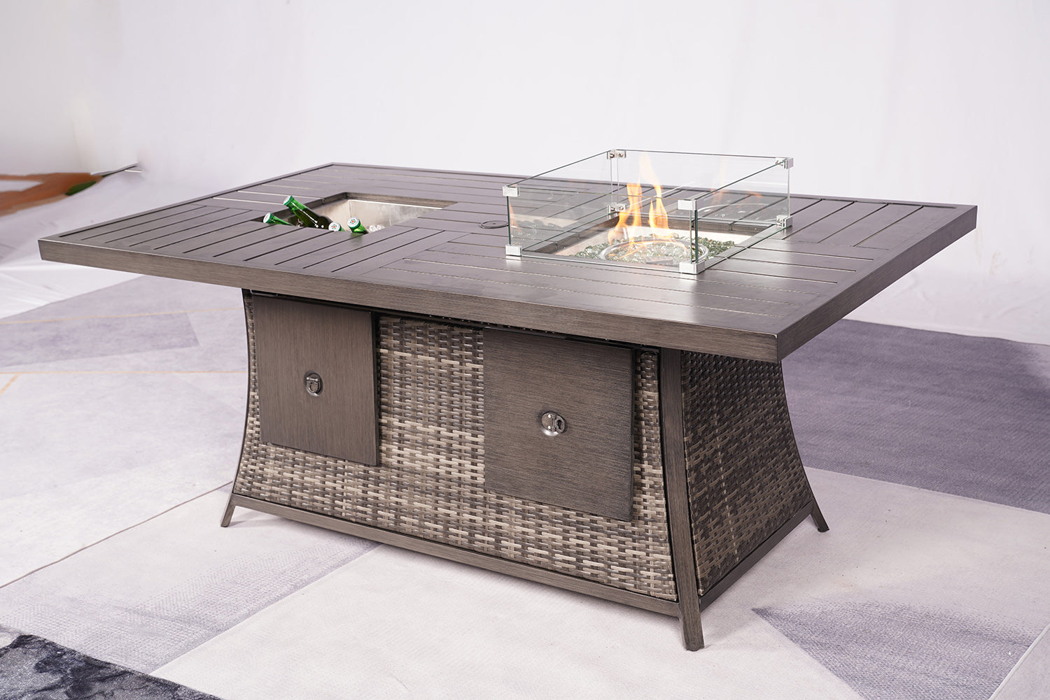 HomeRoots Wicker Outdoor Gas Fire Pit Table With Ice Bucket in Gray Finish