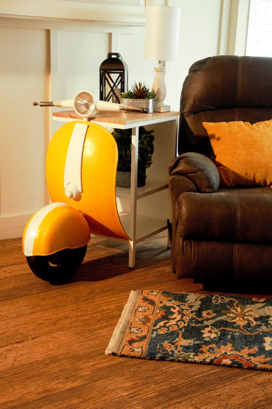 HomeRoots Wood And Metal Mini Scooter End or Side Table in Yellow Finish