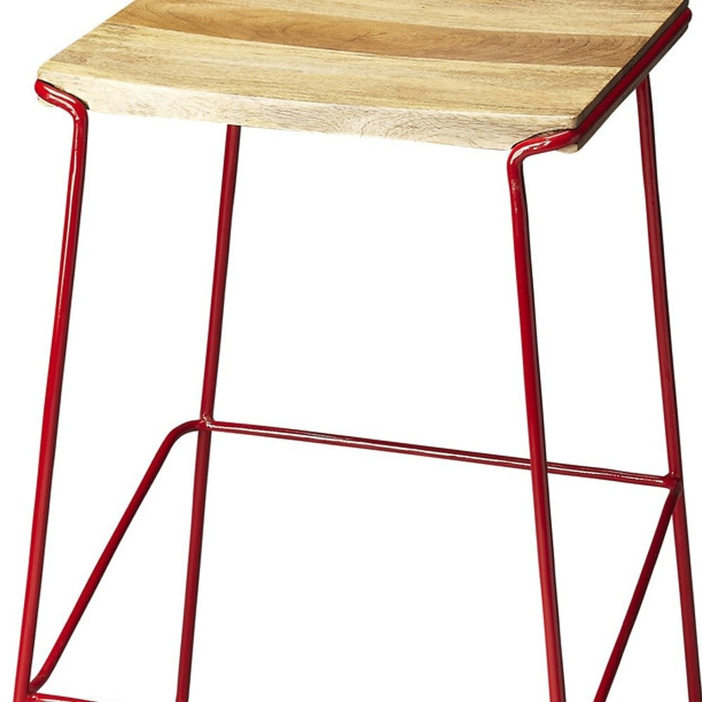 HomeRoots Wood And Red Metal Bar Stool