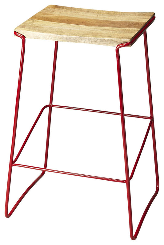 HomeRoots Wood And Red Metal Bar Stool