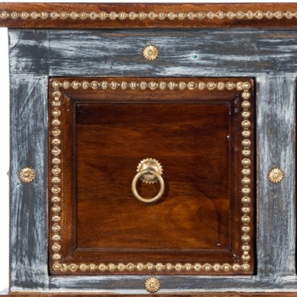 HomeRoots Wood and Hand Painted Storage Coffee Table in Brown Finish