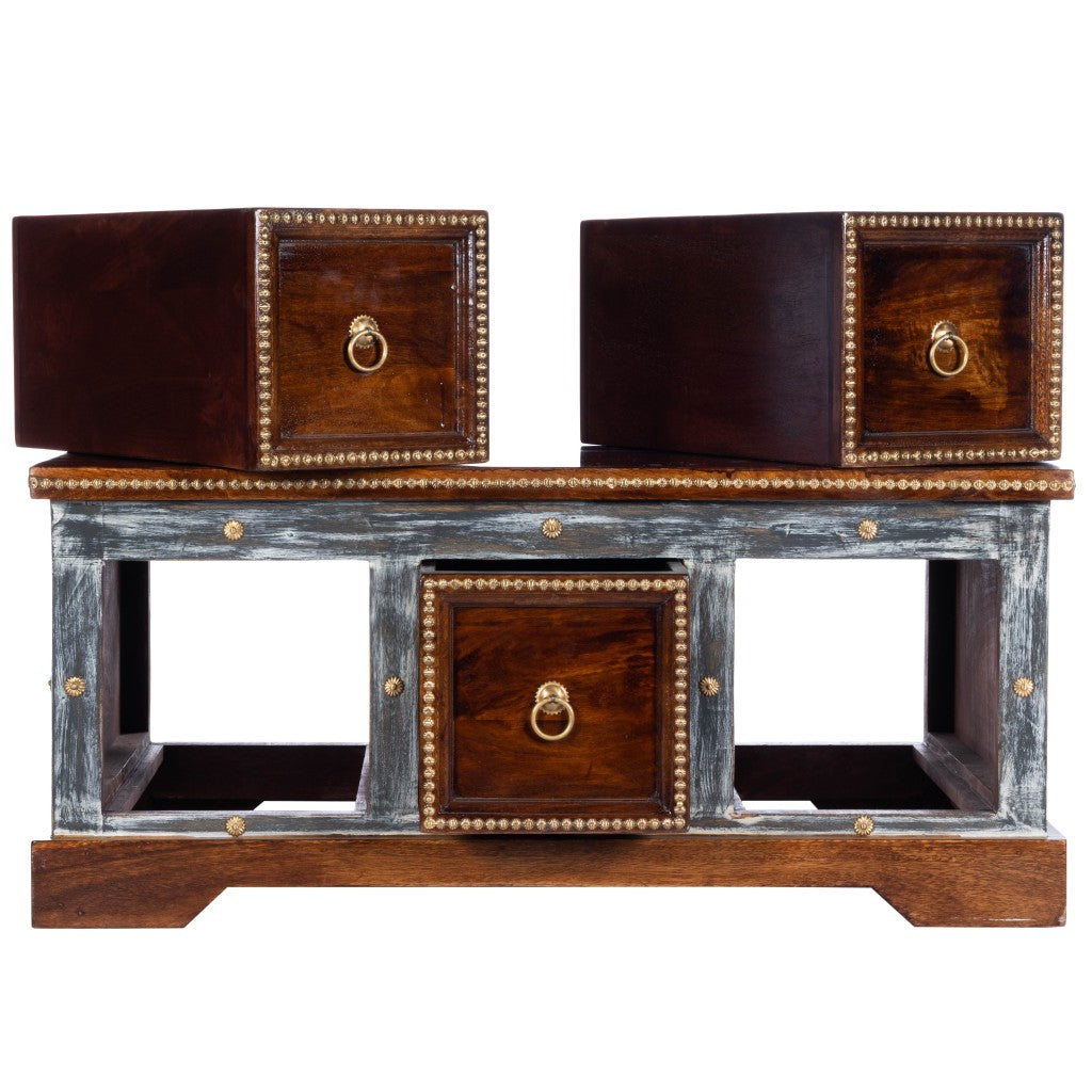 HomeRoots Wood and Hand Painted Storage Coffee Table in Brown Finish