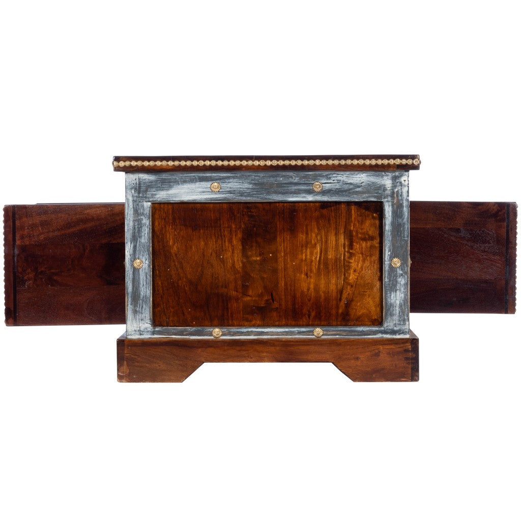 HomeRoots Wood and Hand Painted Storage Coffee Table in Brown Finish