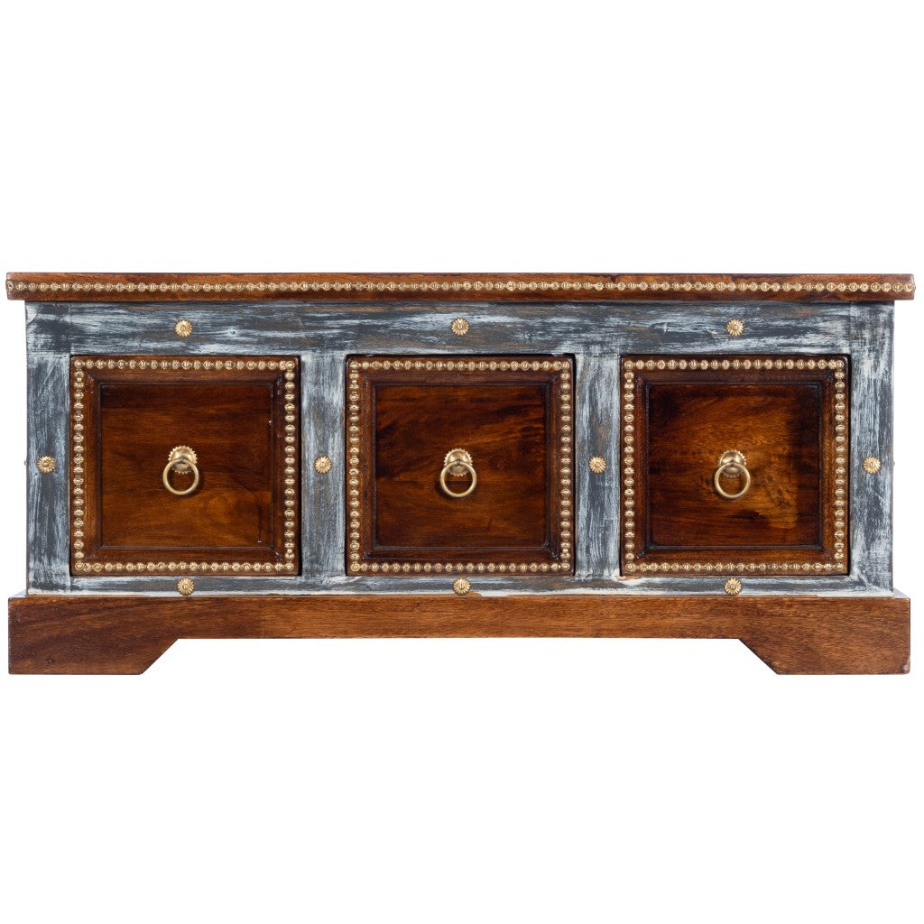 HomeRoots Wood and Hand Painted Storage Coffee Table in Brown Finish