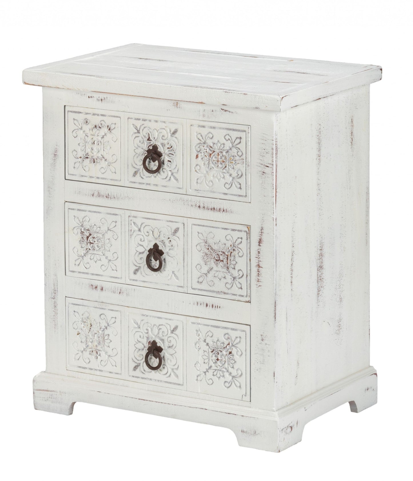 HomeRoots Wooden Carved 3 Drawer Cabinet in Distressed White Finish