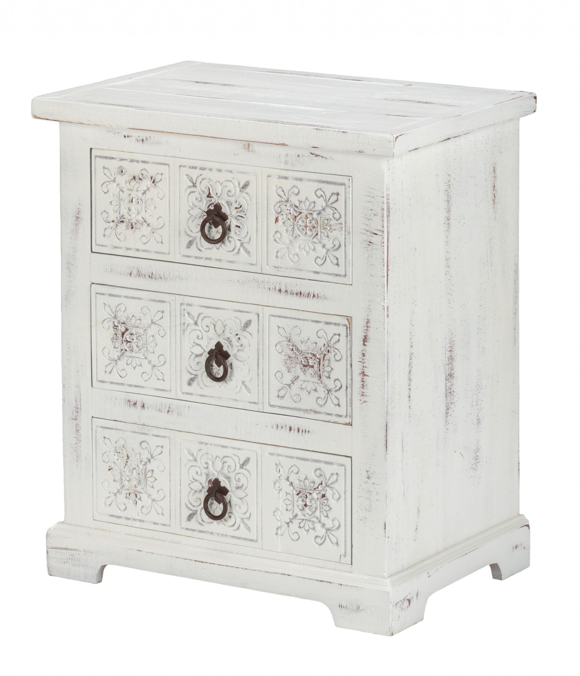 HomeRoots Wooden Carved 3 Drawer Cabinet in Distressed White Finish