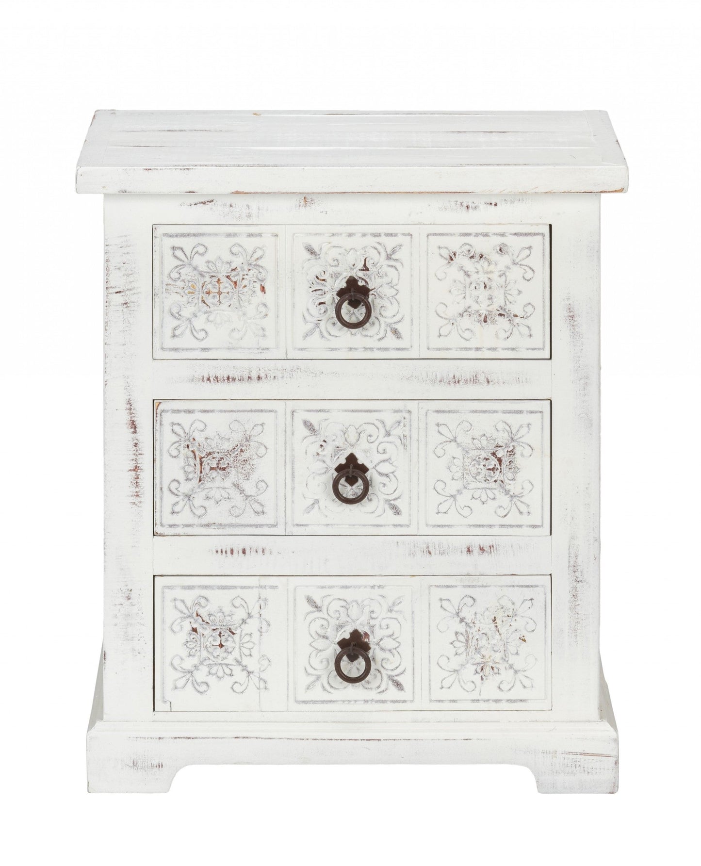HomeRoots Wooden Carved 3 Drawer Cabinet in Distressed White Finish