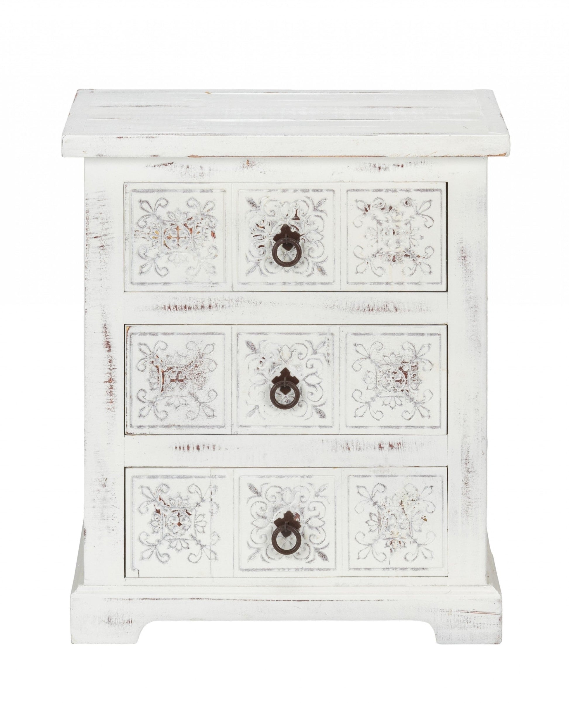 HomeRoots Wooden Carved 3 Drawer Cabinet in Distressed White Finish