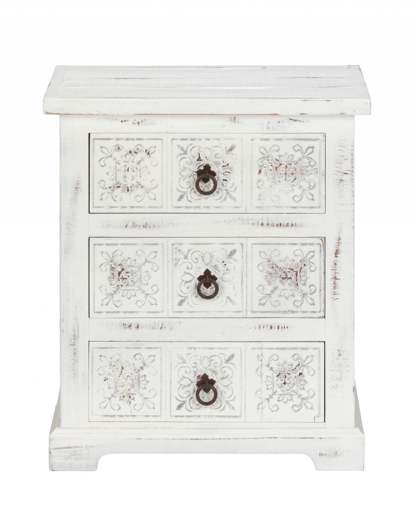 HomeRoots Wooden Carved 3 Drawer Cabinet in Distressed White Finish