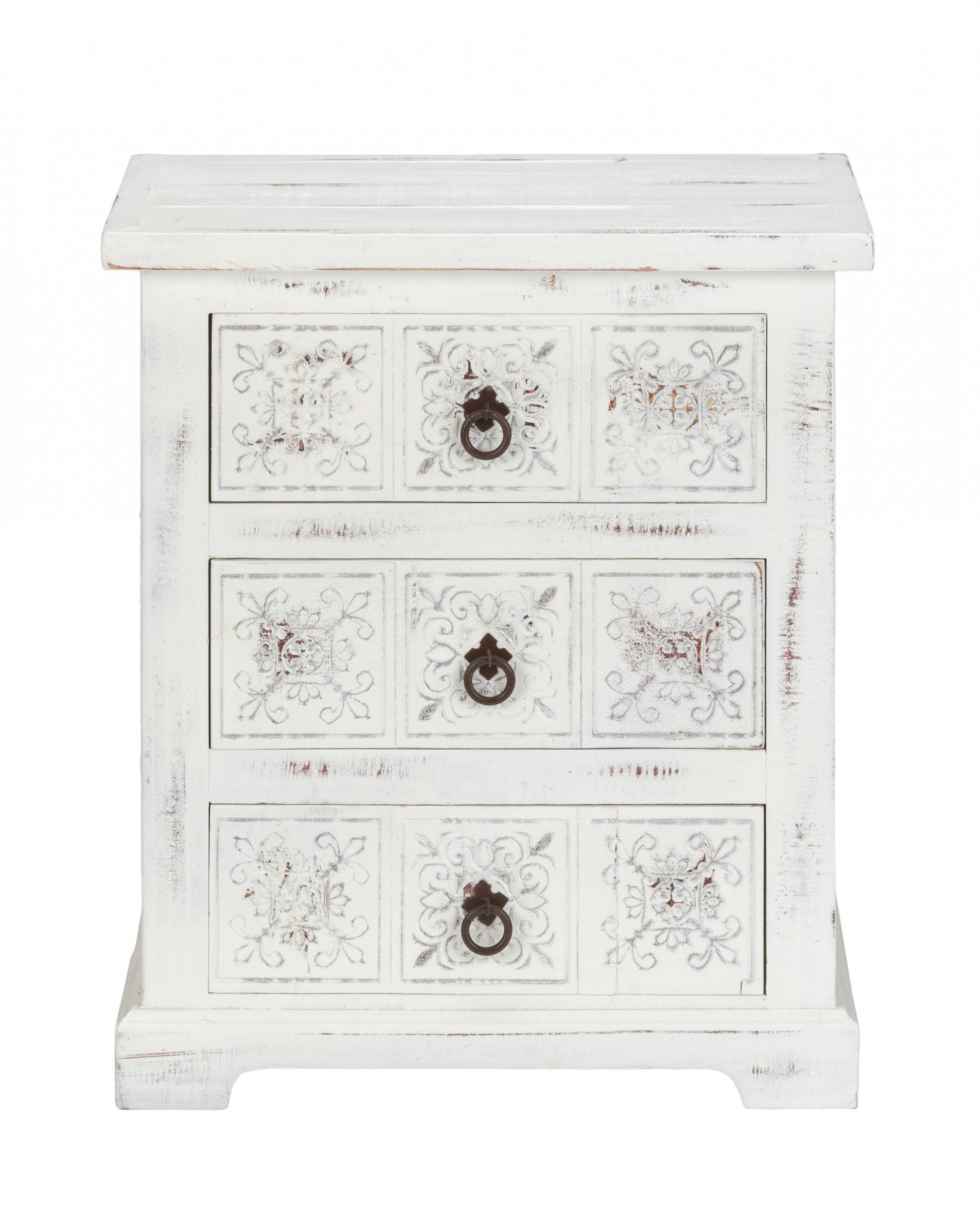 HomeRoots Wooden Carved 3 Drawer Cabinet in Distressed White Finish