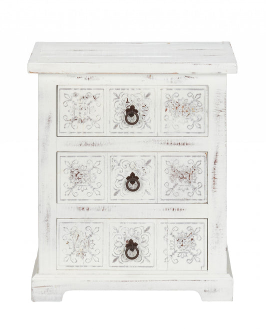HomeRoots Wooden Carved 3 Drawer Cabinet in Distressed White Finish