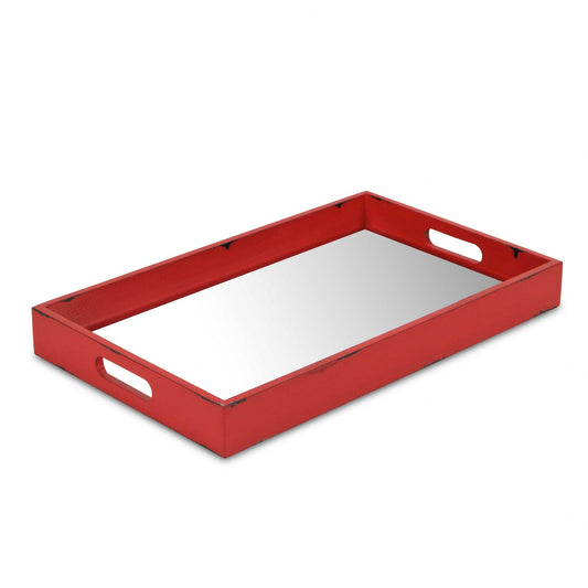 HomeRoots Wooden Mirrored Serving Tray in Red Finish