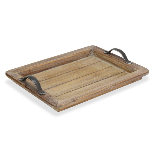 HomeRoots Wooden Paneled Tray With Metal Handles