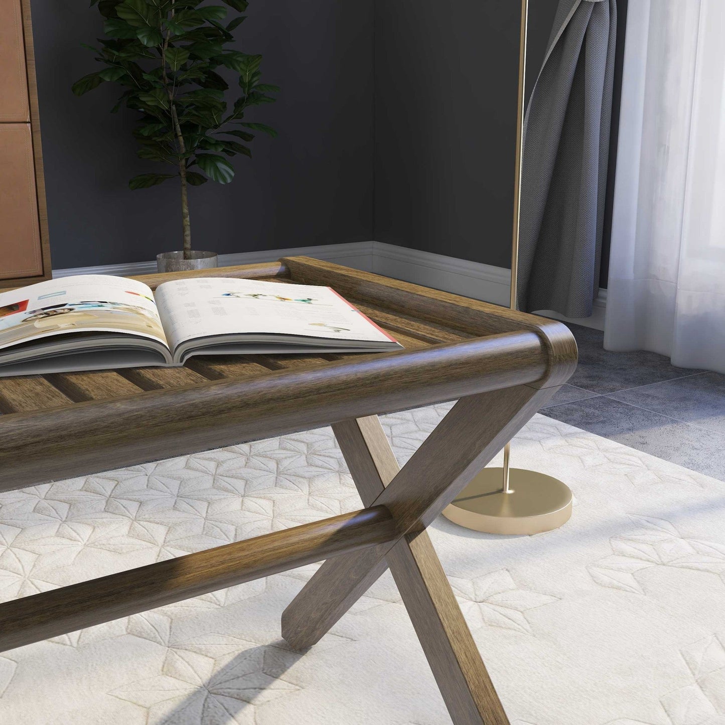 HomeRoots Wooden Stool Bench in Antique Chestnut Finish