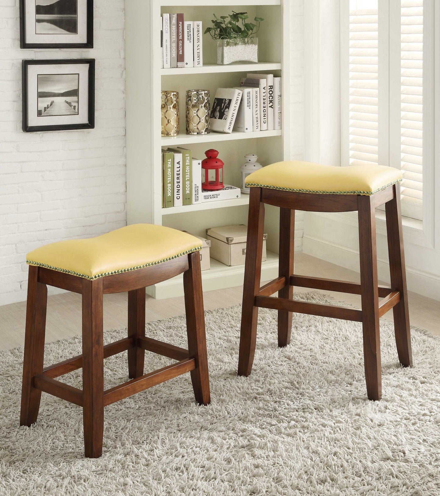 HomeRoots Yellow PU & Oak Bar Stool, Set of 2