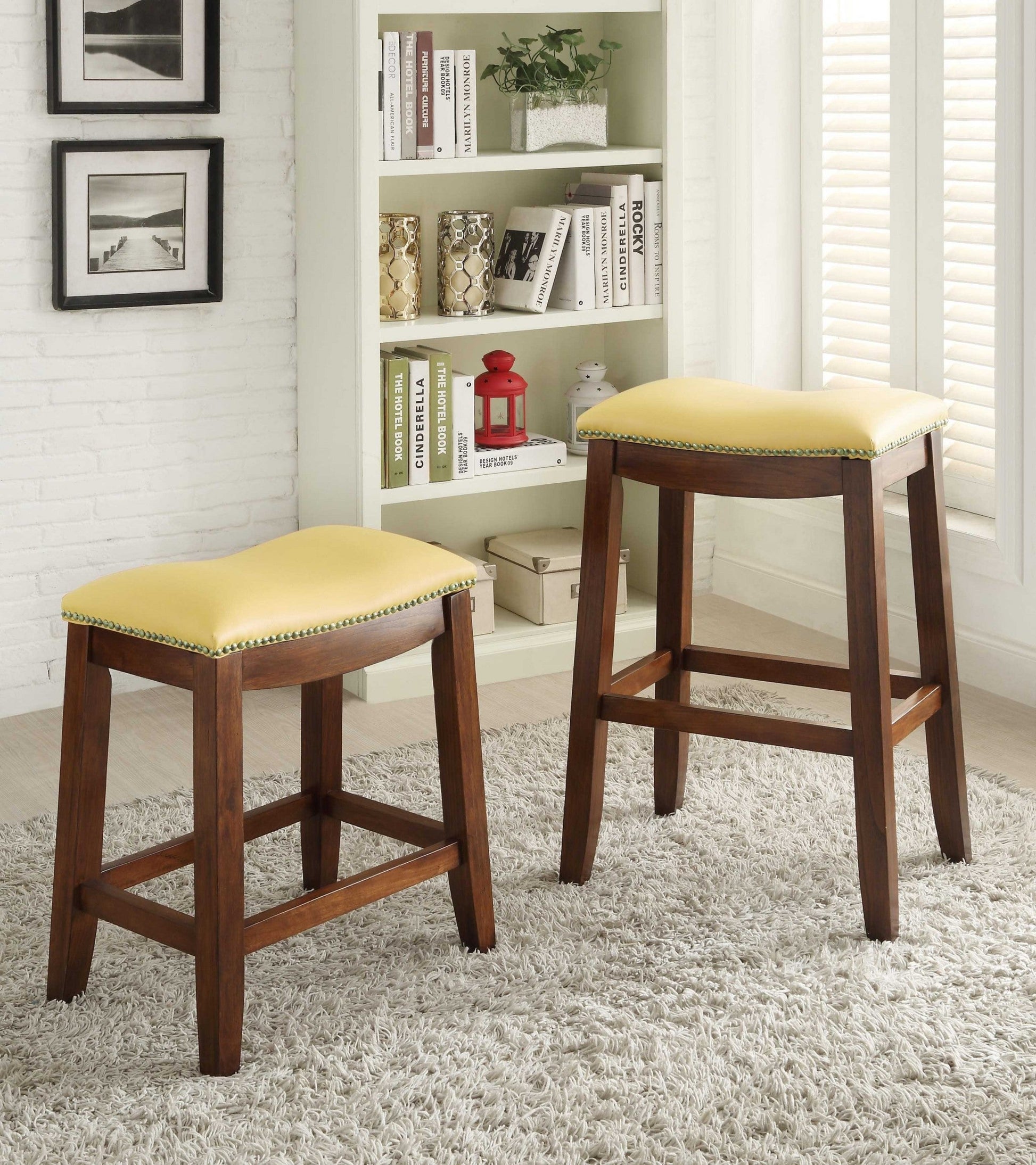 HomeRoots Yellow PU & Oak Bar Stool, Set of 2
