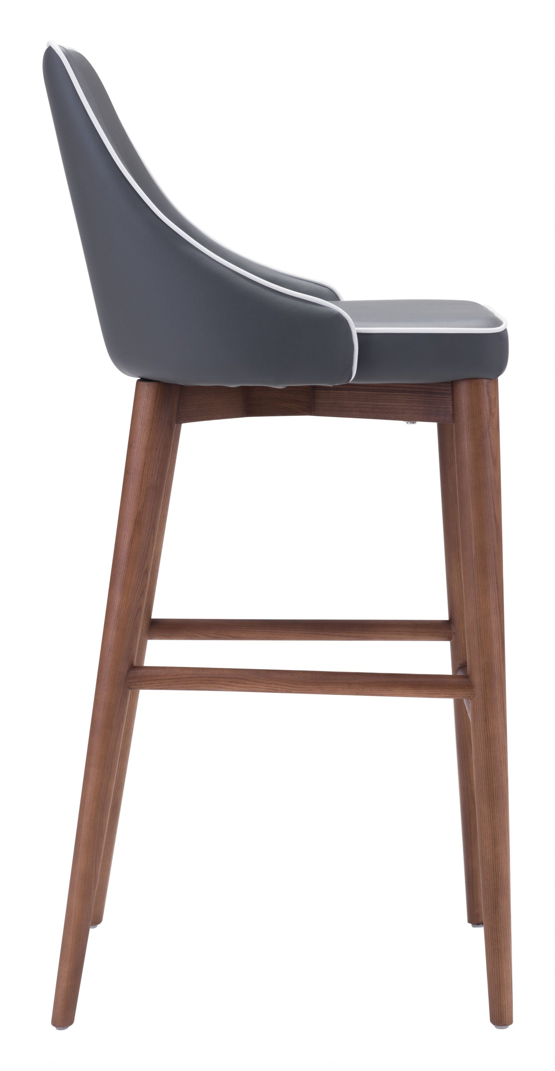 HomeRoots with White Piping and Walnut Bar Chair in Dark Gray Finish