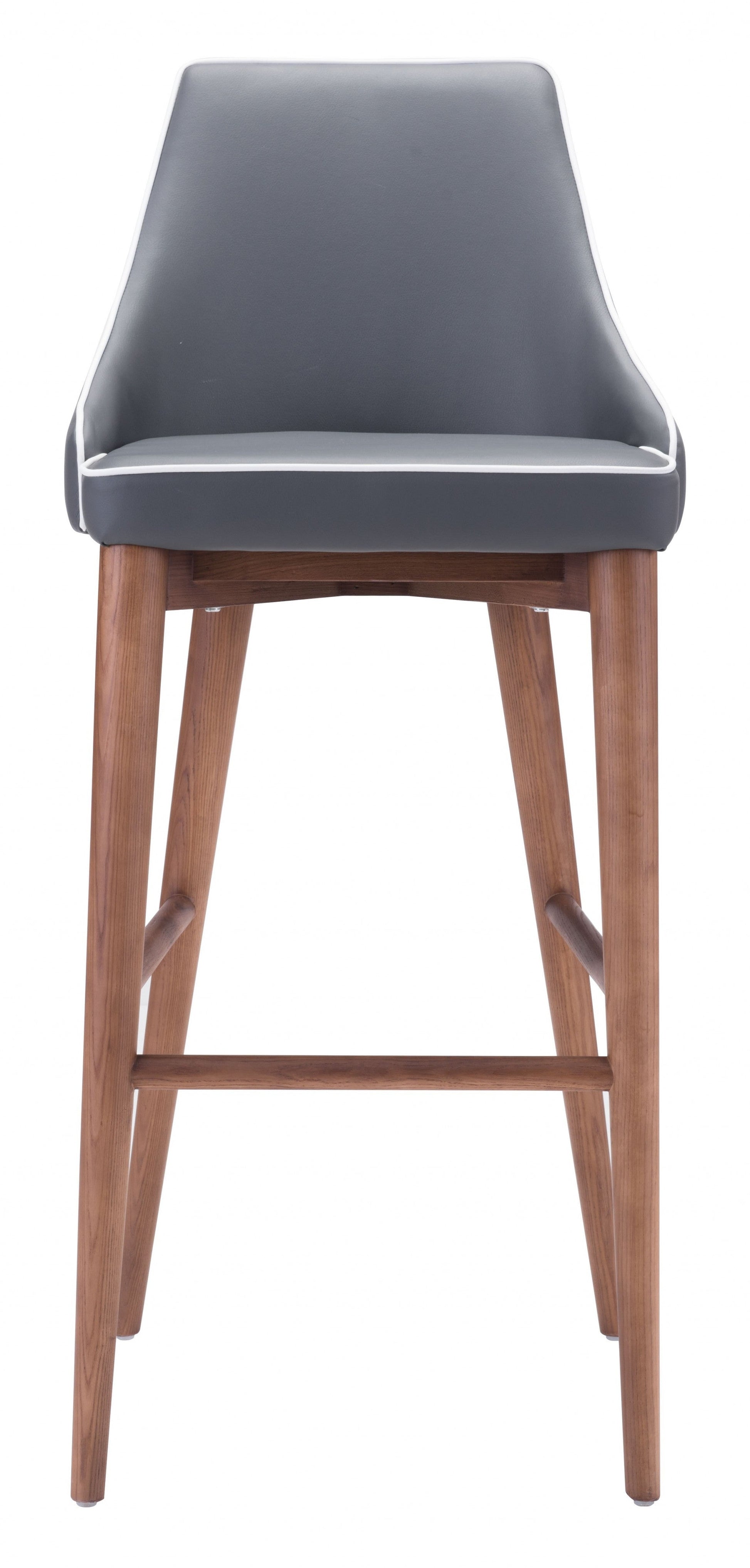HomeRoots with White Piping and Walnut Bar Chair in Dark Gray Finish