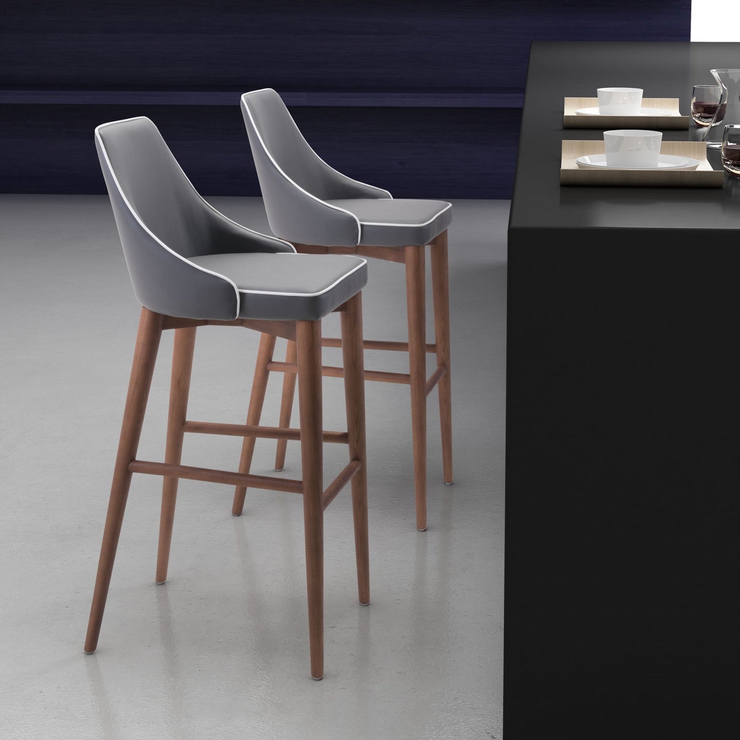 HomeRoots with White Piping and Walnut Bar Chair in Dark Gray Finish