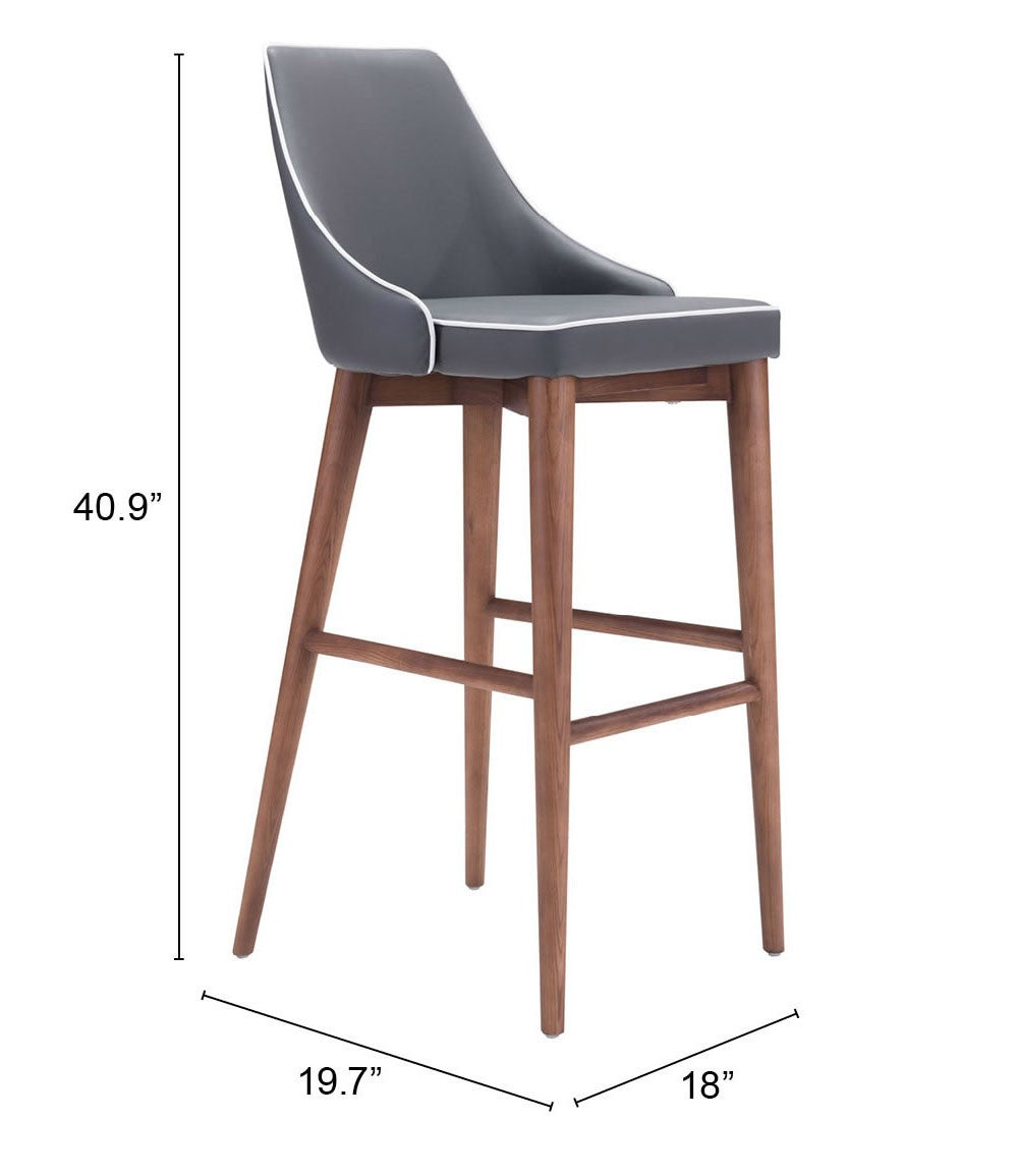 HomeRoots with White Piping and Walnut Bar Chair in Dark Gray Finish