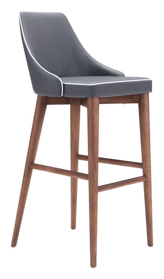 HomeRoots with White Piping and Walnut Bar Chair in Dark Gray Finish