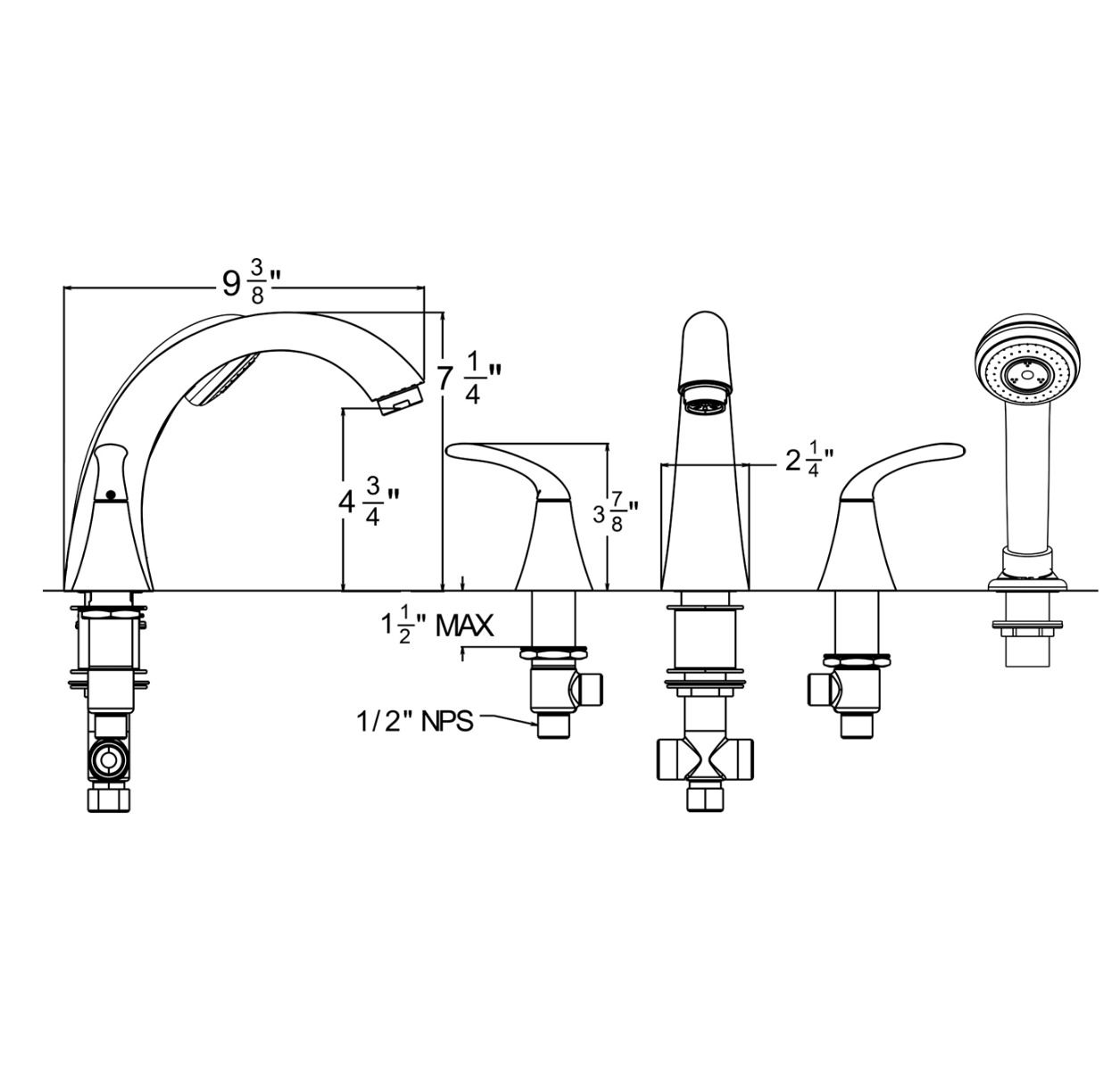 Huntington Brass Trend Matte Black Roman Bathtub Filler Faucet With Pull-Out Single Setting Hand Shower