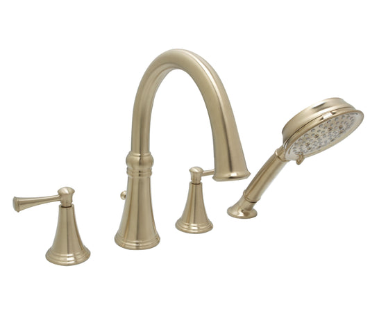 Huntington Brass Woodbury PVD Satin Brass Roman Tub Filler Faucet With Hand Shower